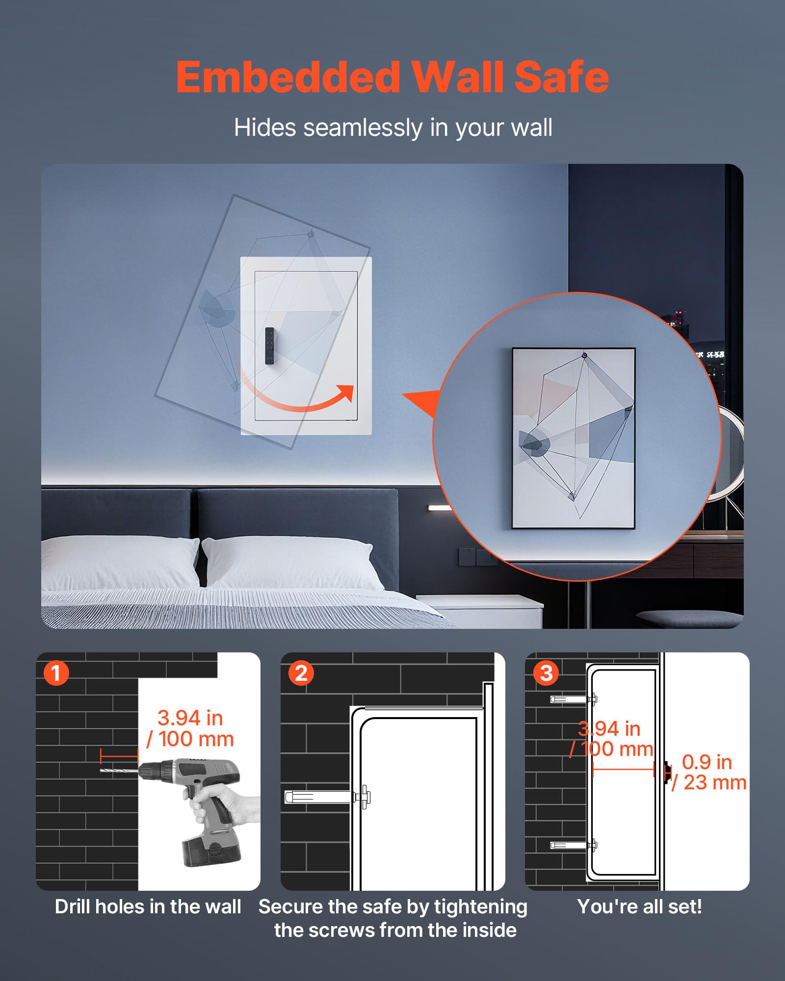 VEVOR Cassaforte a Muro da 102 x 413 x 559 mm con Password e Chiave, Alloggiamento Integrato in Acciaio Laminato a Freddo Q235 con Ripiani Regolabili e Illuminazione a LED, per Denaro, Gioielli