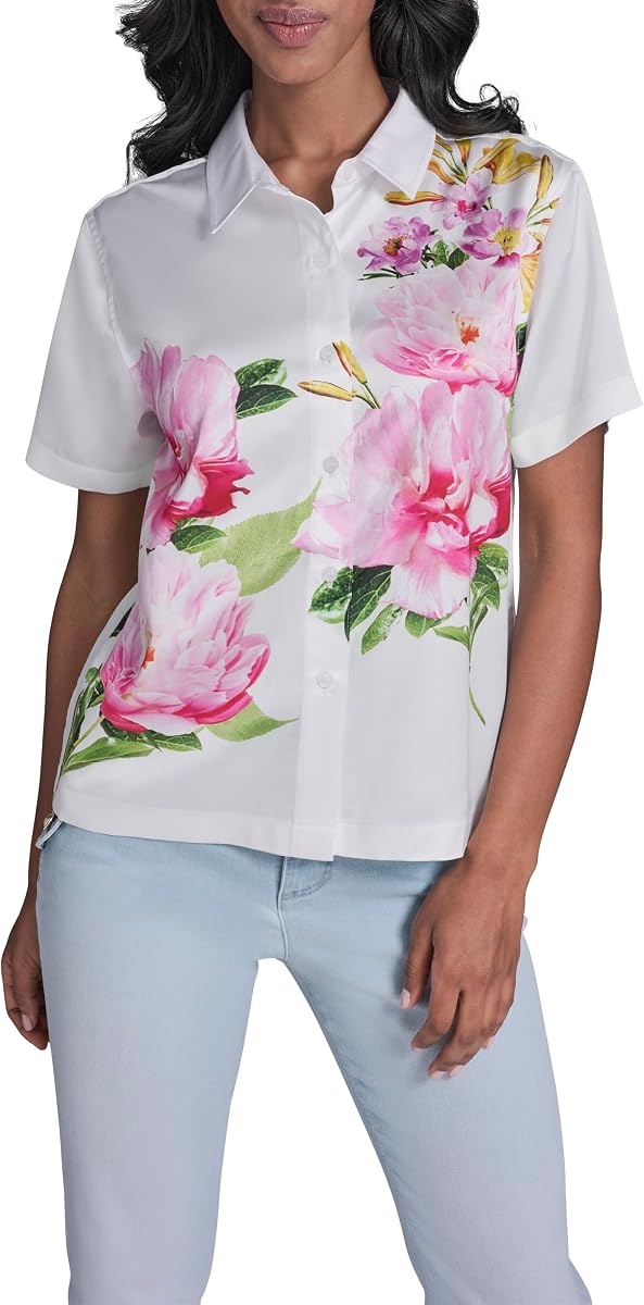 Womens Short Sleeve Placed Floral Blouse