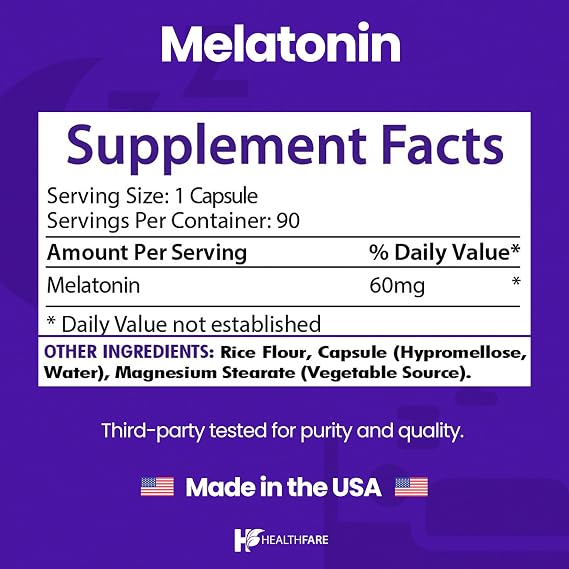 HealthFare Melatonin 60mg | Pack of 2 | 90 Veg Capsules Each | High-Strength Formula | Vegetarian, Non-GMO, Gluten-Free | Made in the USA