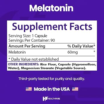 HealthFare Melatonin 60mg | Pack of 2 | 90 Veg Capsules Each | High-Strength Formula | Vegetarian, Non-GMO, Gluten-Free | Made in the USA