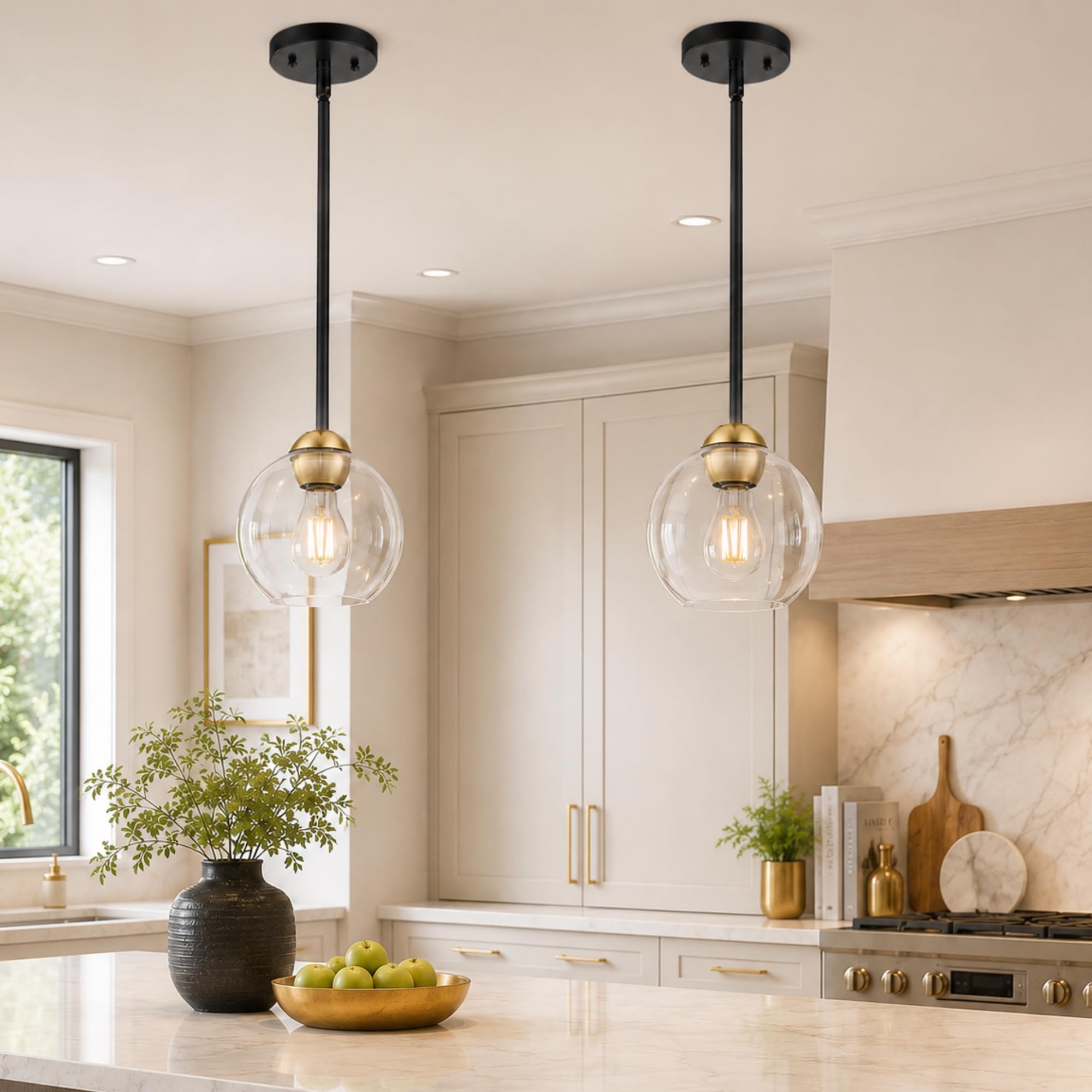 2 Pack Black and Gold Pendant Light Fixtures, Modern 7 Inch Globe Pendant Lights Kitchen Island with Clear Glass Shade, 1 Light Hanging Lights for Kitchen, Bedroom, Bathroom, PL119-BKBGD-2PK