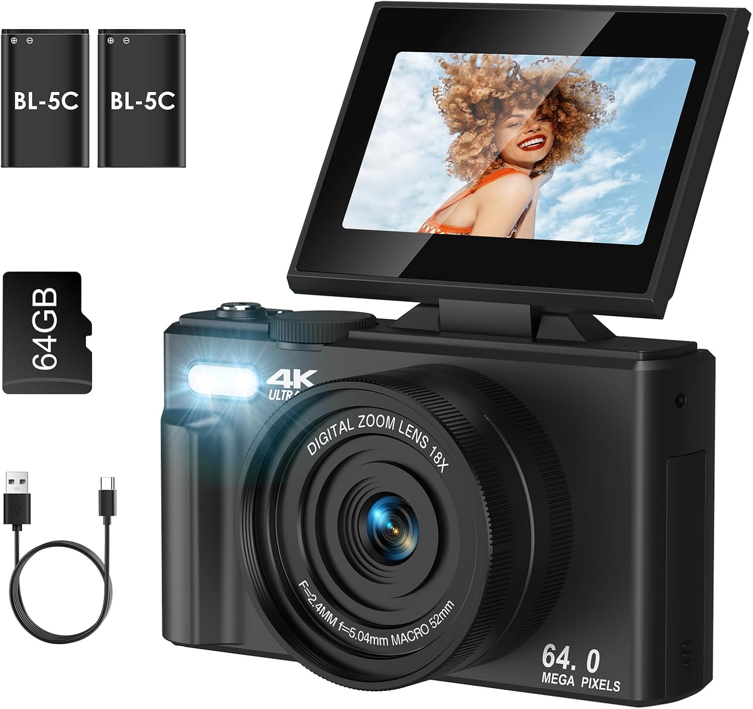 4K Digital Camera for Photography, Autofocus Anti-Shake 64MP Vlogging Camera for YouTube, 3” 180° Flip Screen 18X Zoom Compact Camera with 64GB SD Card and 2 Batteries for Beginner Teenager, Black