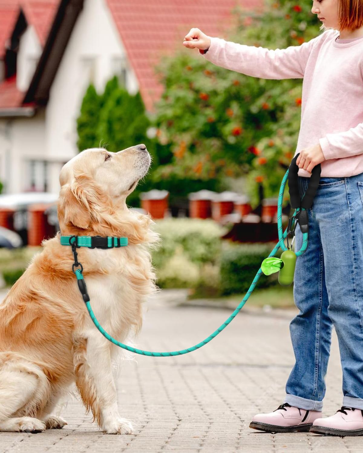 Dynmeow Reflective Dog Collar and Leash Set, 6FT Strong Climbing Rope Leash with Padded Handle, Adjustable Pet Collar with Soft Neoprene Padding for Large Dogs, Teal, L