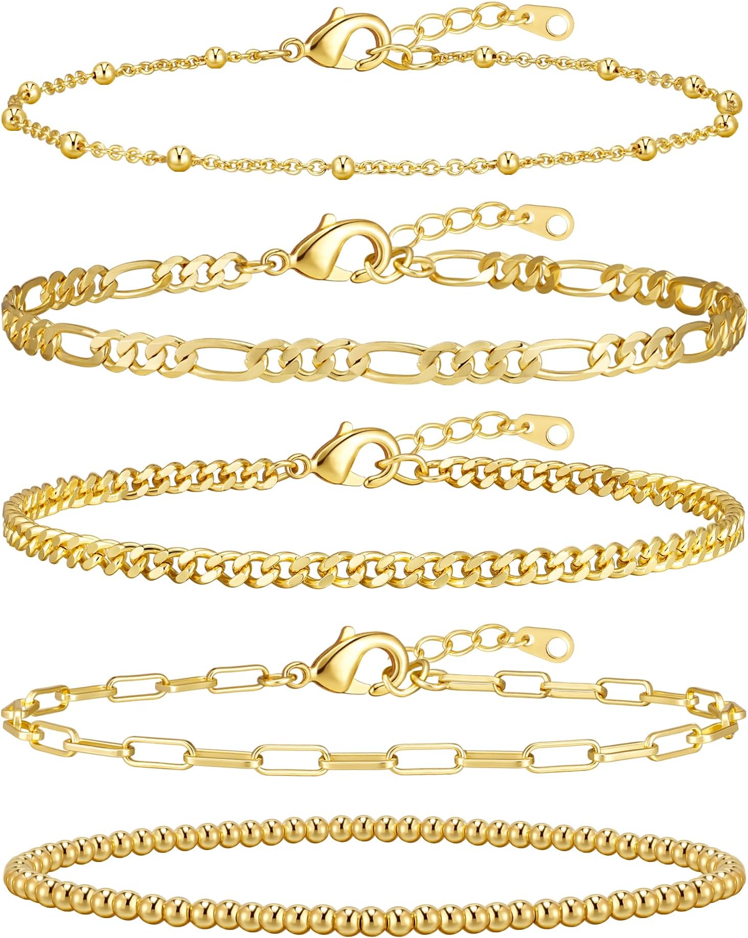 Gold Bracelets for Women, 14K Gold Plated Stackable Bracelet Stack Set Adjustable Charm Paperclip Chain Cuban Link Layered Waterproof Jewelry Sets Gifts for Womens