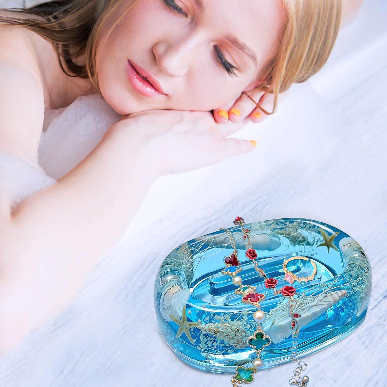FONMY Soap Dish Acrylic w/Nature Seashell Bar Soap Holder Shower Soap Tray for Home, Camping Travel, Dry Stop soap Saver for Bathroom Vanity Countertop Office Unique Gifts and Home Decoration (Blue) image 4