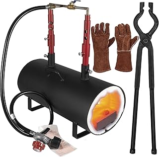 Propane Gas Forge, Double Burner Blacksmithing Forge Large Capacity Forge, Oval Propane Burner Forge with 16.85 Inch V-Bit Tongs & Leather Welding Gloves for Farrier, Knife and Tool Making