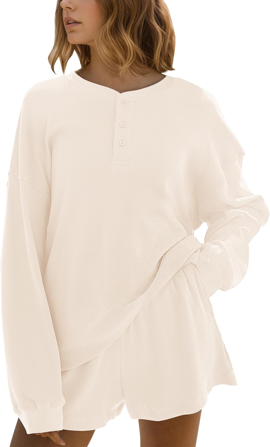 Dsewpaur Women Waffle Knit Lounge Set Oversized Henley Sweatshirt and High Waist Resort Shorts 2 Piece Outfit