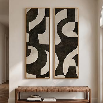 Large Framed Neutral Black Beige Abstract Vertical Wall Art Decor, 2 Pieces