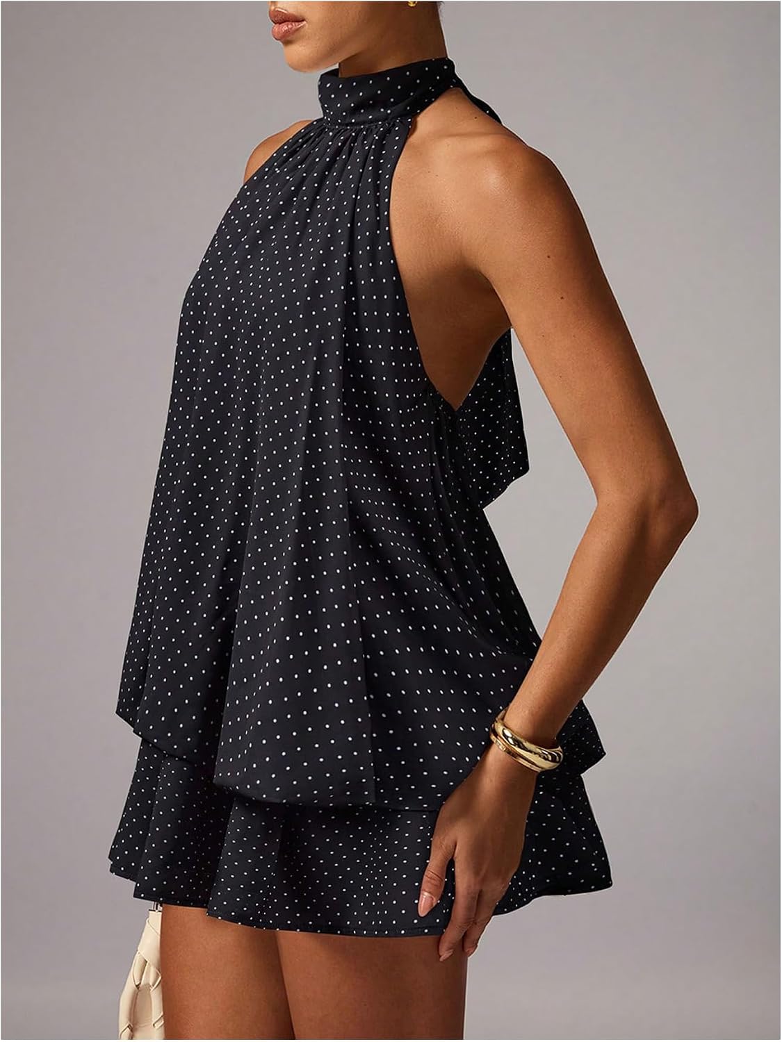 OYOANGLE Women's Summer Dress Halter Sleeveless Cute Ruffle Chiffon Short Bubble Dress Y2K Going Out Sundress