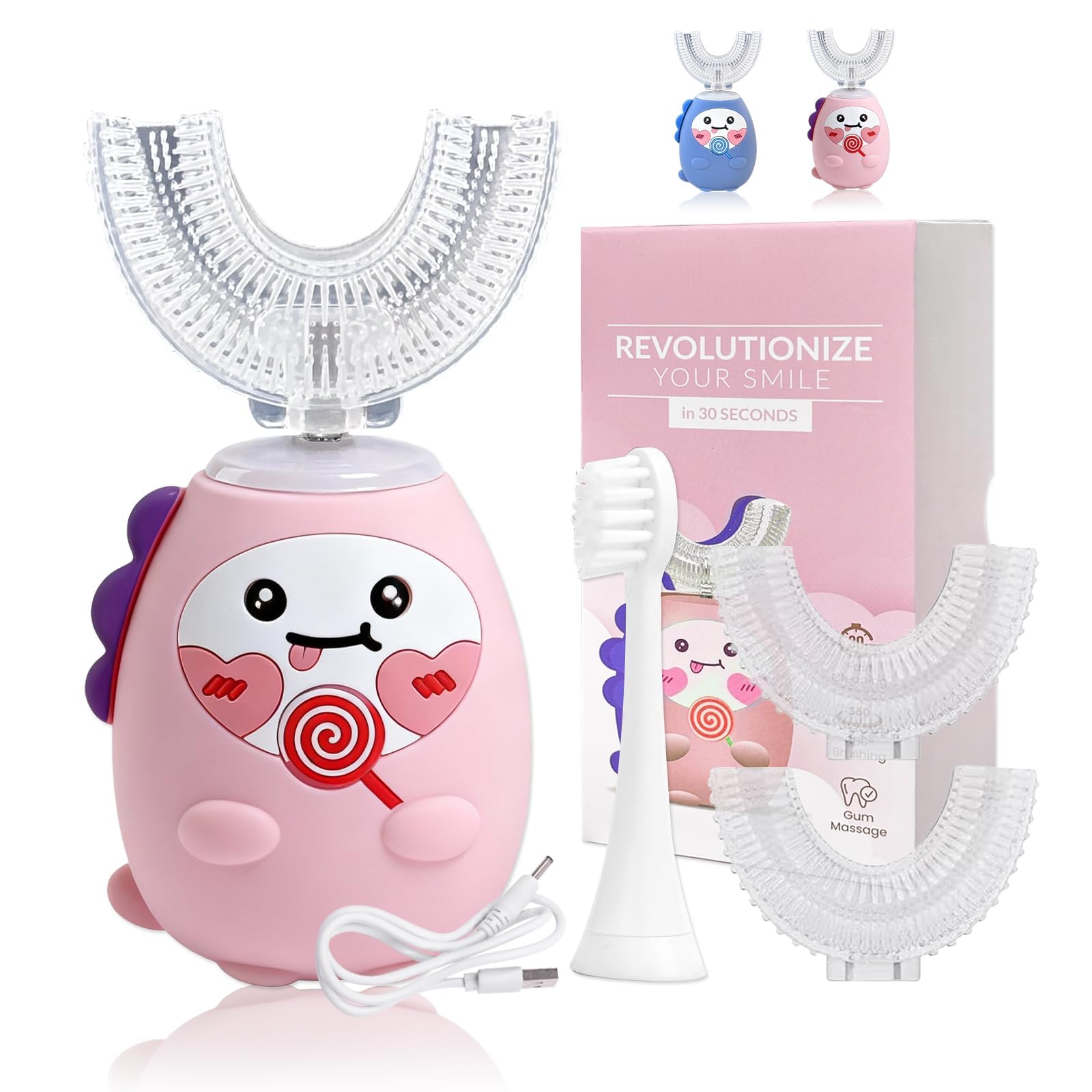 3 cepillos de dientes eléctricos en forma de U para niños, cepillo de dientes ultrasónico automático de 360º para niños pequeños y niños, cepillos de dientes sónicos recargables y accesorios con 2