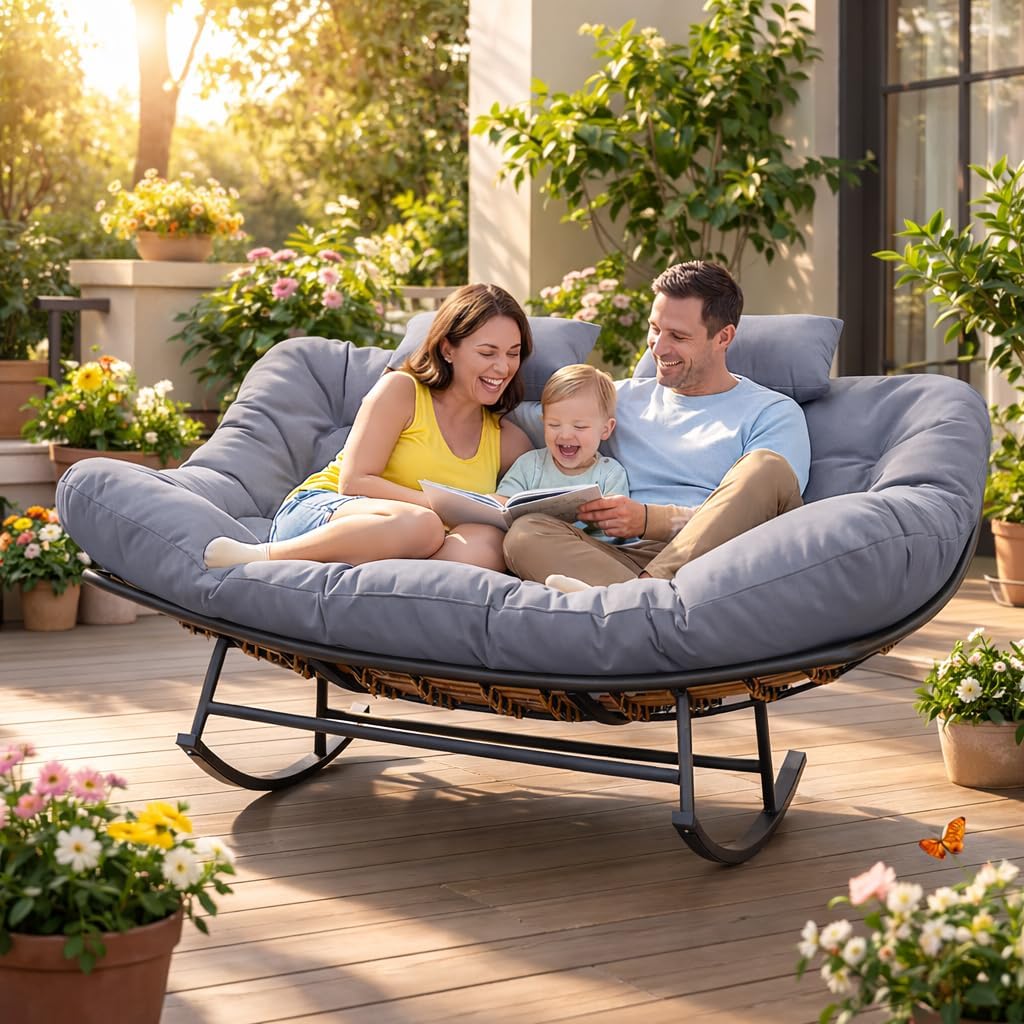 Oversized Double Outdoor Rocking Papasan Chair, 2-Person Patio Loveseat with Thick Cushion & Rattan Frame, Large Lounge Chair for Balcony or Garden (Gray)