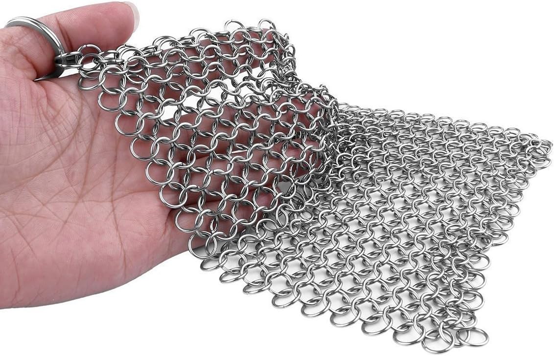The Best Handcrafted Premium Cast Iron Cookware Cleaner by VMIZIV - 7x7 Inch Food Grade Stainless Steel Chainmail Scrubber