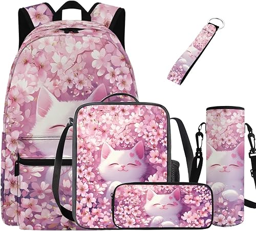 Talayituse Paquete de 5 mochilas con estampado de flor de cerezo de gato, para niñas, mochila escolar informal con lonchera, estuche para lápices,