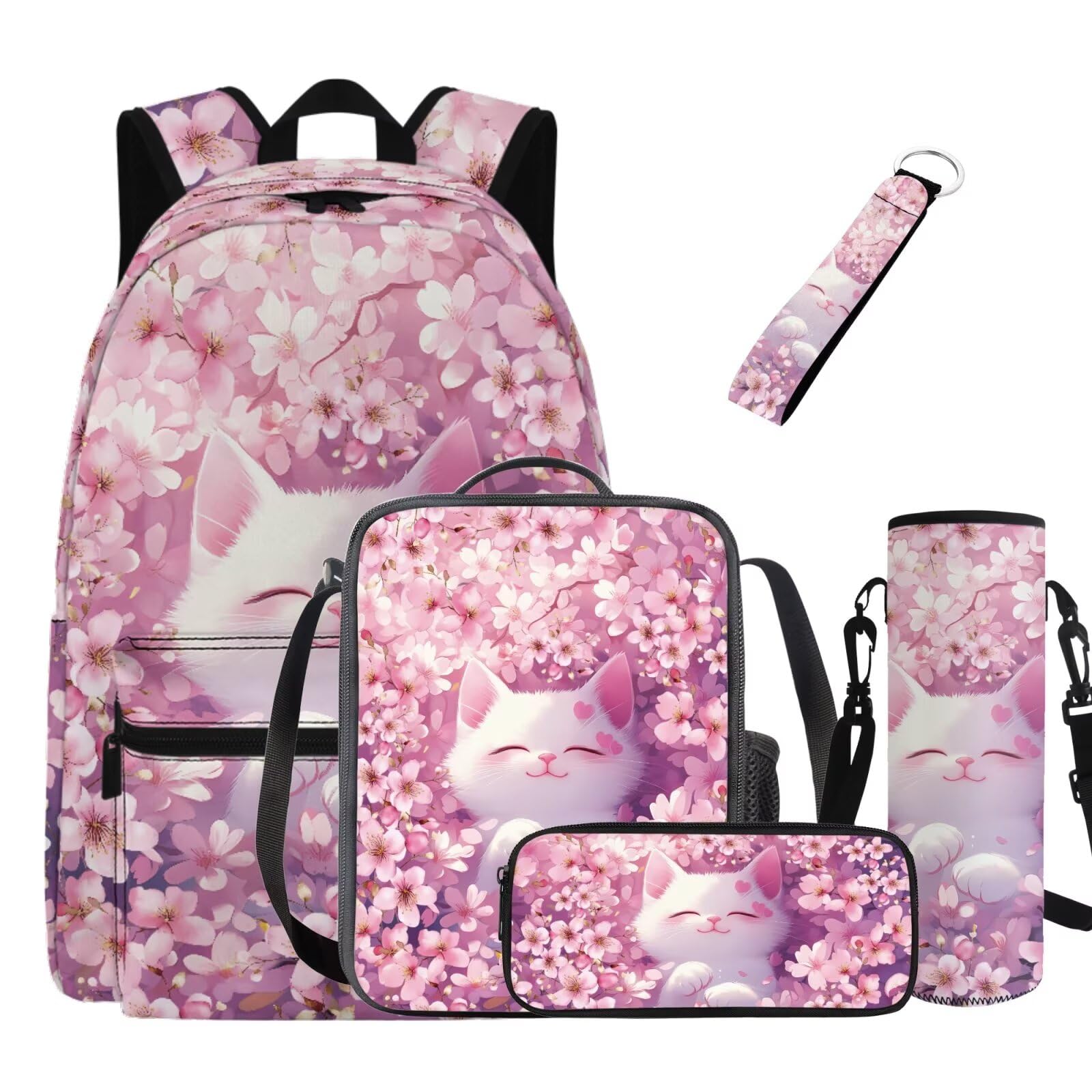 Talayituse Cat Cherry Blossom Print 5 Pack Backpack Purse for Girls Casual Schoolbag School Bookbag with Lunch Box Pencil Case Water Bottle Sleeve