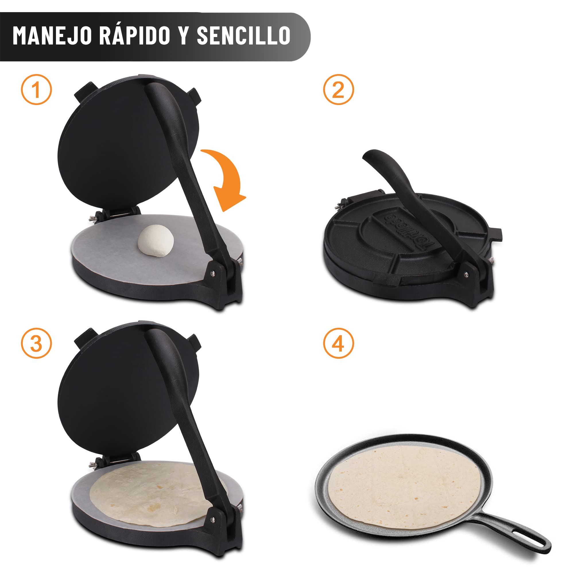 Tortillada - Prensa para Tortillas de Hierro Fundido 25 cm – Tortilla Maker para Tacos, Wraps y Pan Plano – con E-Book de Recetas y 100 Hojas de Papel Pergamino