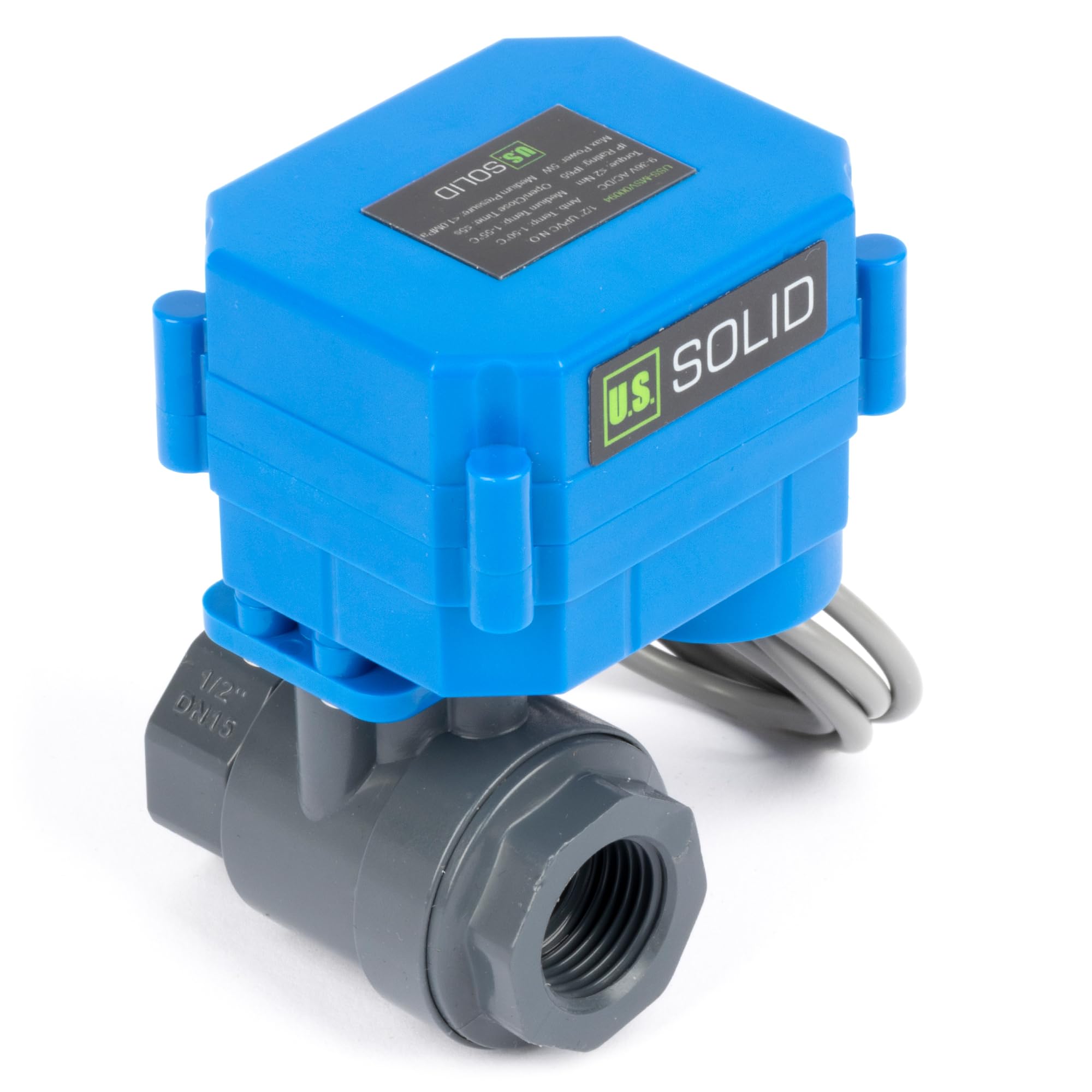 U.S. Solid Valvola a sfera motorizzata UPVC 1/2" – Valvola a sfera elettrica in plastica con passaggio completo, ritorno auto a 2 fili, 9-36 V AC/DC, normalmente aperta