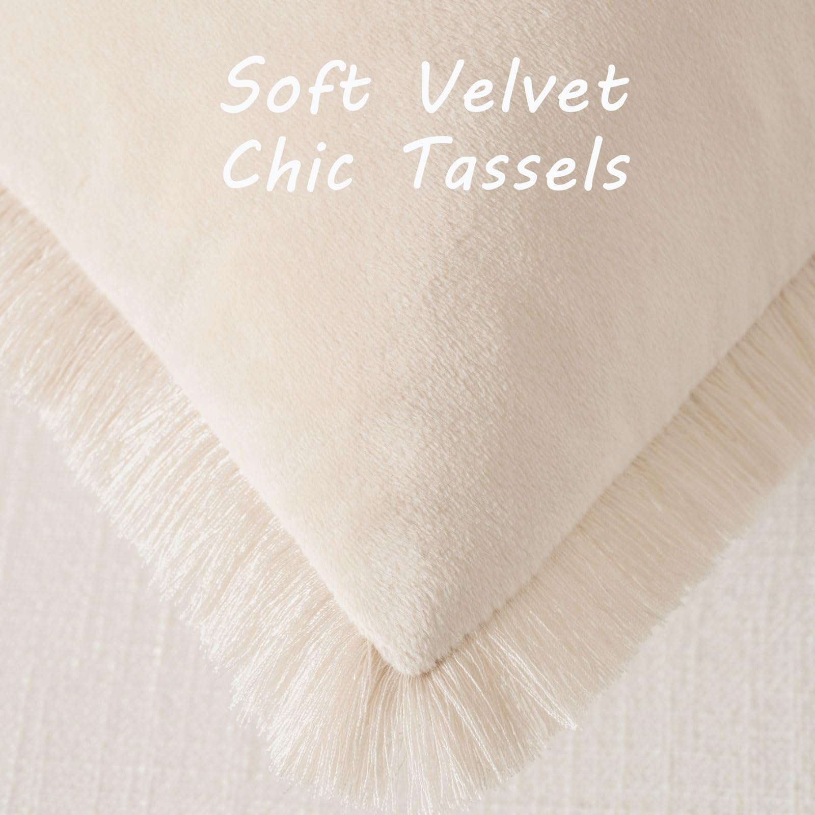 FUTEI Set di 2 federe decorative in velluto beige, 61 x 61 cm, morbide e accoglienti, con nappe, stile europeo, stile bohémien, decorazione per la casa per divano, letto, soggiorno
