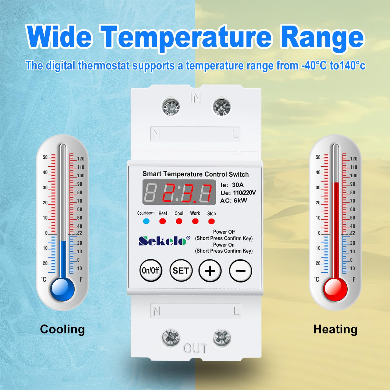 Interruttore di controllo della temperatura ad alta potenza, termostato digitale montato su rotaia con display LCD in tempo reale per riscaldamento e raffreddamento, 63 A 110/220 V, da -40 °C a 140 °C