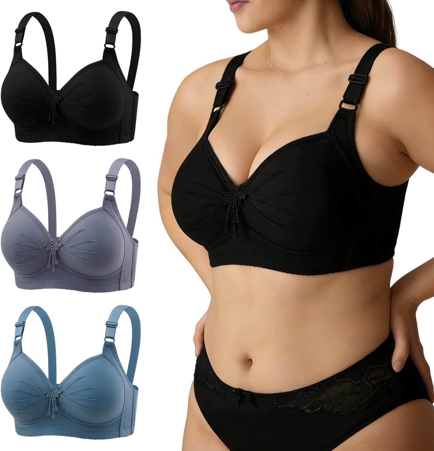 3PCs Wireless Bras for Women - Ultra Comfort Seamless Full Coverage Large Bust, Non Padded Comfy Support Everyday Bra