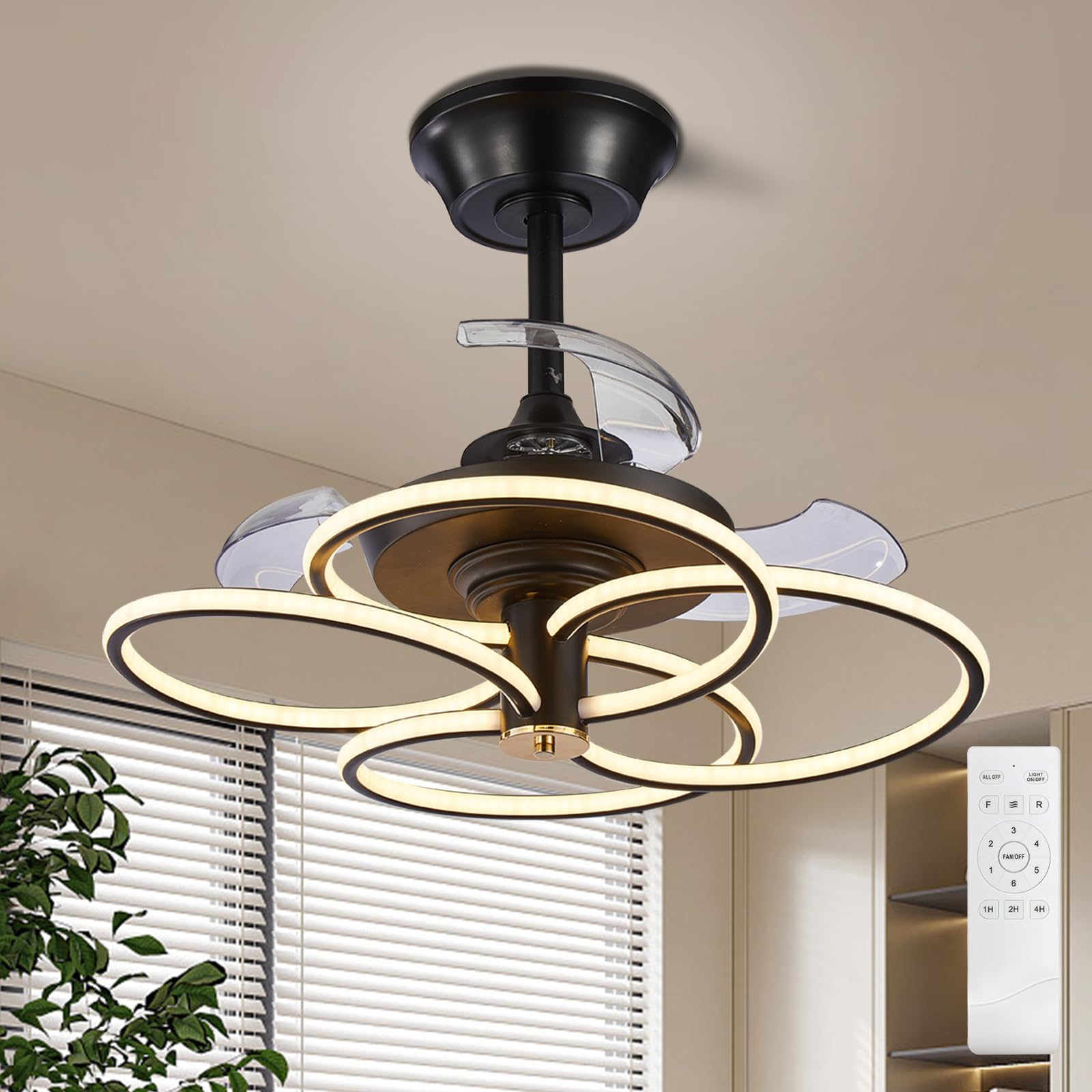 Depuley Fandelier Ceiling Fan with Light: Modern Flower Ceiling Fan Lights with Remote - Black Retractable Fan Light Ceiling for Bedroom, Living Room - Silent DC Motor, 3 Color Change, 24.4"