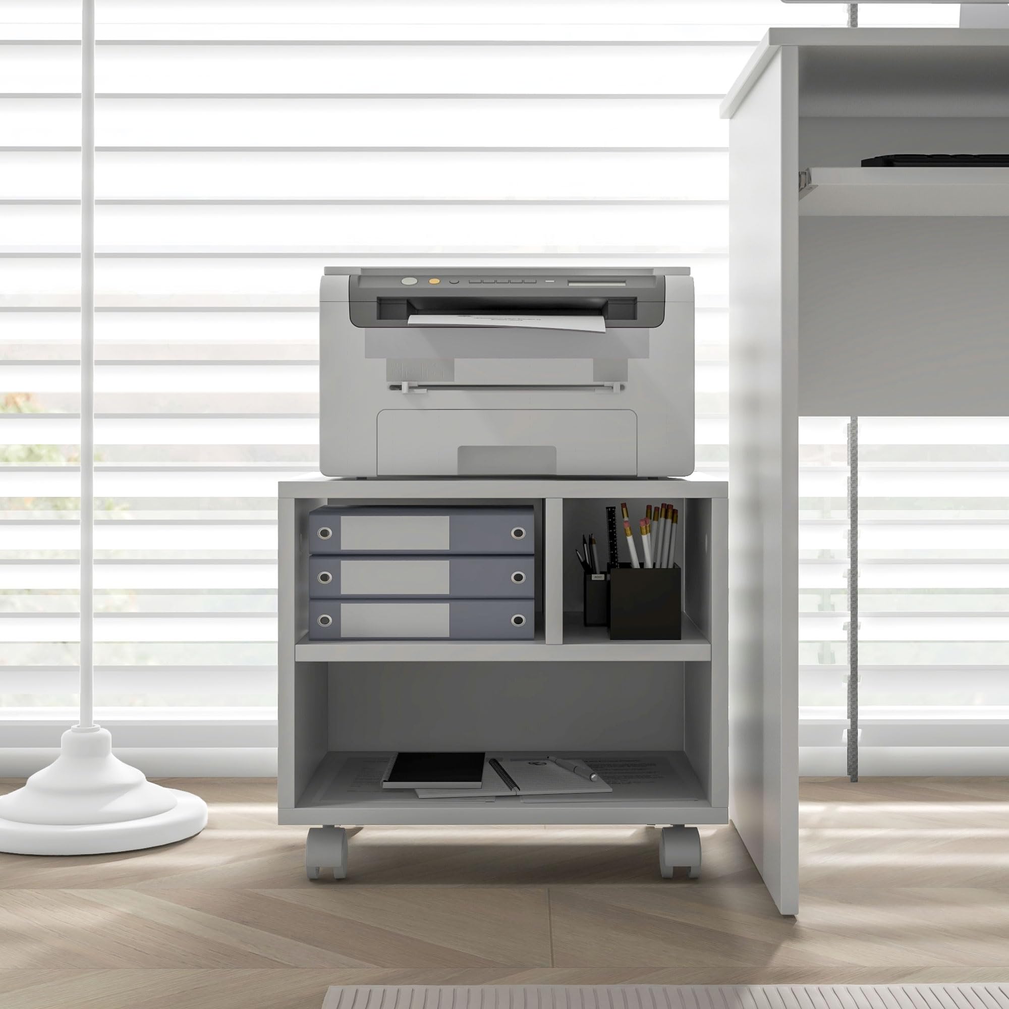 HOMCOM Mueble de Impresora con Ruedas Soporte de Impresora con Compartimentos Abiertos para Oficina Estudio 40x30x36 cm Blanco