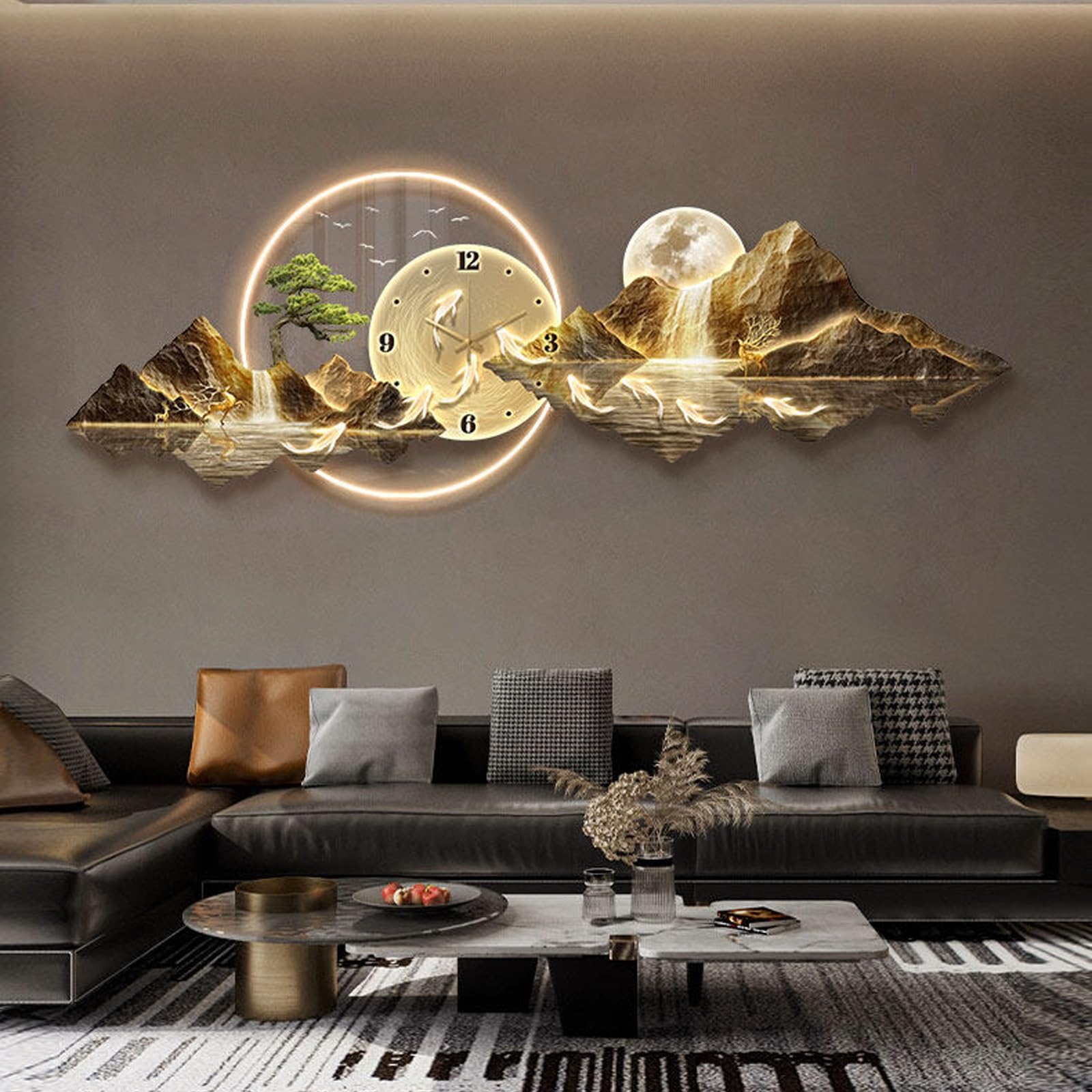 ITOSUI Decorative 3D Wall Clocks Painting with LED Light,Creative Wall Hanging Painting Modern Art,Silent Clock,for Living Room, Dining Room Background Wall Decor(Yellow,59 * 19.7")