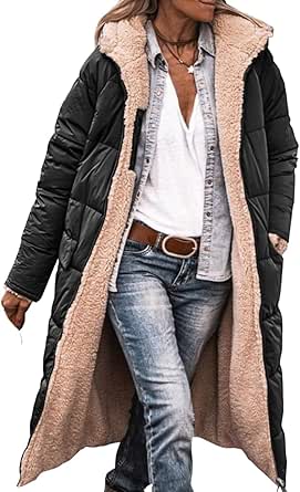 Femme Parka Hiver ?� Capuche Long Polaire Manches Longues Manteau de Laine Casual Parka Epaisse 