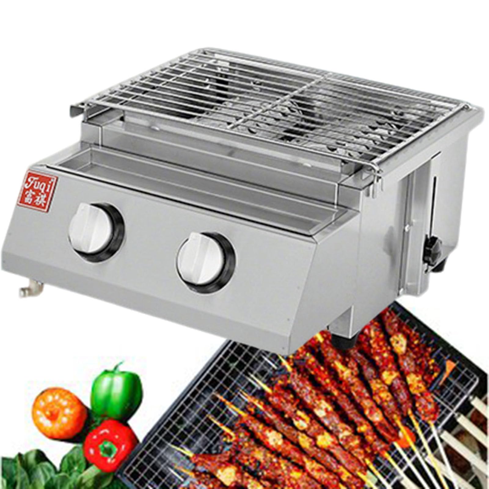Grill gazowy, przenośny grill ogrodowy ze stali nierdzewnej, grill gazowy z regulacją wysokości, do ogrodu, na balkon lub kemping 2-Burner