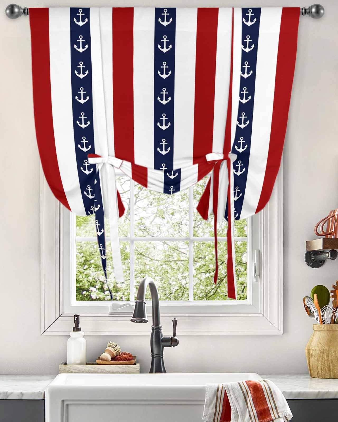 Red Nautical Anchor Tie Up Curtains for Windows 45 Inch Length Balloon Curtains Kitchen Adjustable Balloon Window Shade Coastal Stripe Summer Ocean Tie Up Valance Bathroom Curtain Window 34