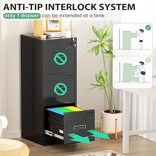 Miniatura 4 de INTERGREAT Archivador alto de 3 cajones, archivador de metal negro con cerradura, archivadores de bloqueo vertical con 4 marcos ajustables para