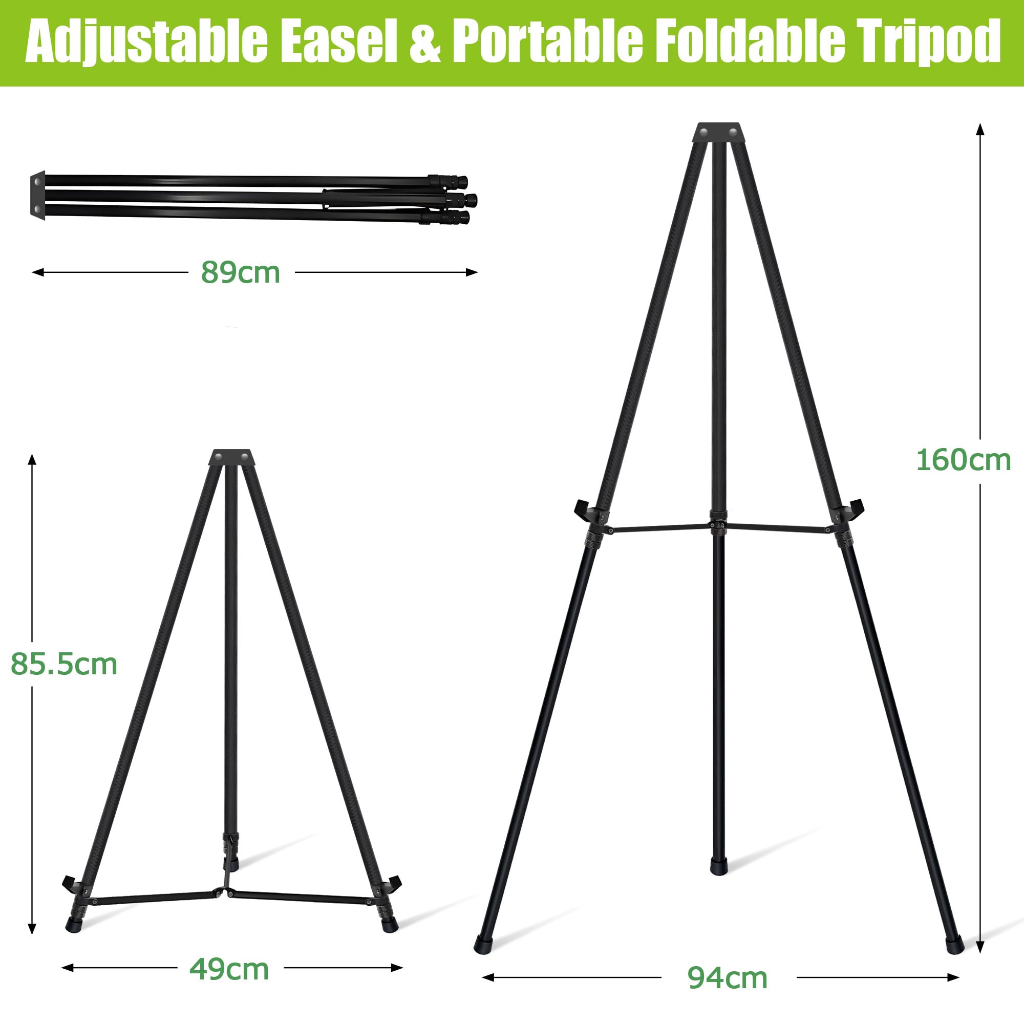 4 Stück Staffelei Höhenverstellbar 160 cm, Teleskopische Aluminium Atelier-,Künstler- und Bodenstaffelei, tragbar, Leinwandständer, Bilderständer Hochzeit, Malerei, Poster, Skizzieren, Schwarz