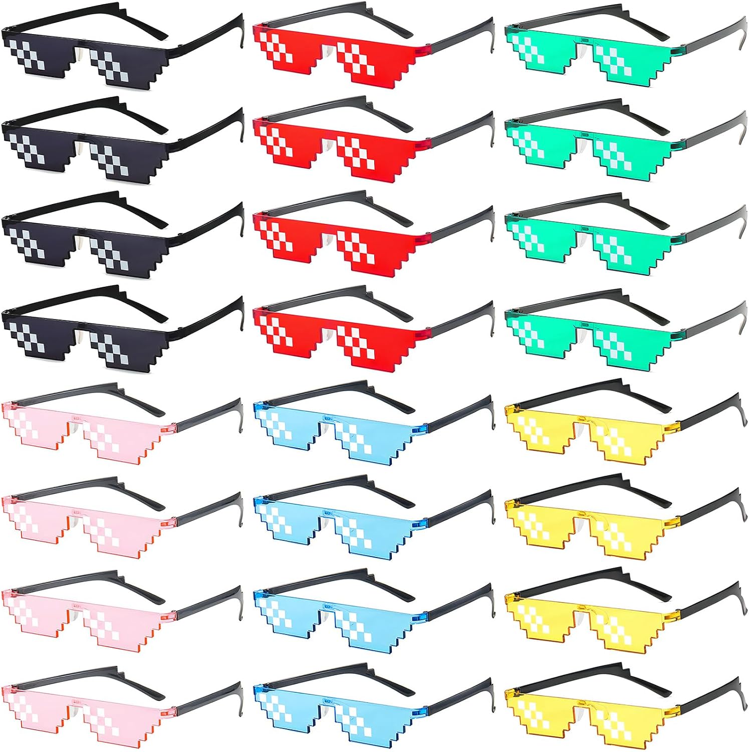 Pibupibu 24/48 Pairs Colorful/Black Thug Life Party Glasses Bulk, 8 Bit Pixel Mosaic Gamer MLG Photo Props Glasses