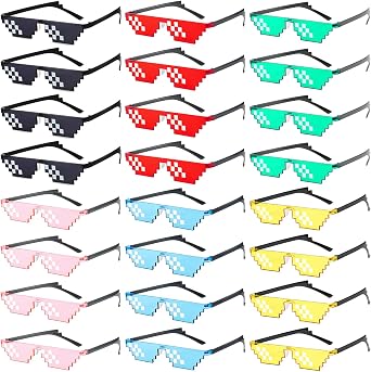 Pibupibu 24/48 Pairs Colorful/Black Thug Life Party Glasses Bulk, 8 Bit Pixel Mosaic Gamer MLG Photo Props Glasses