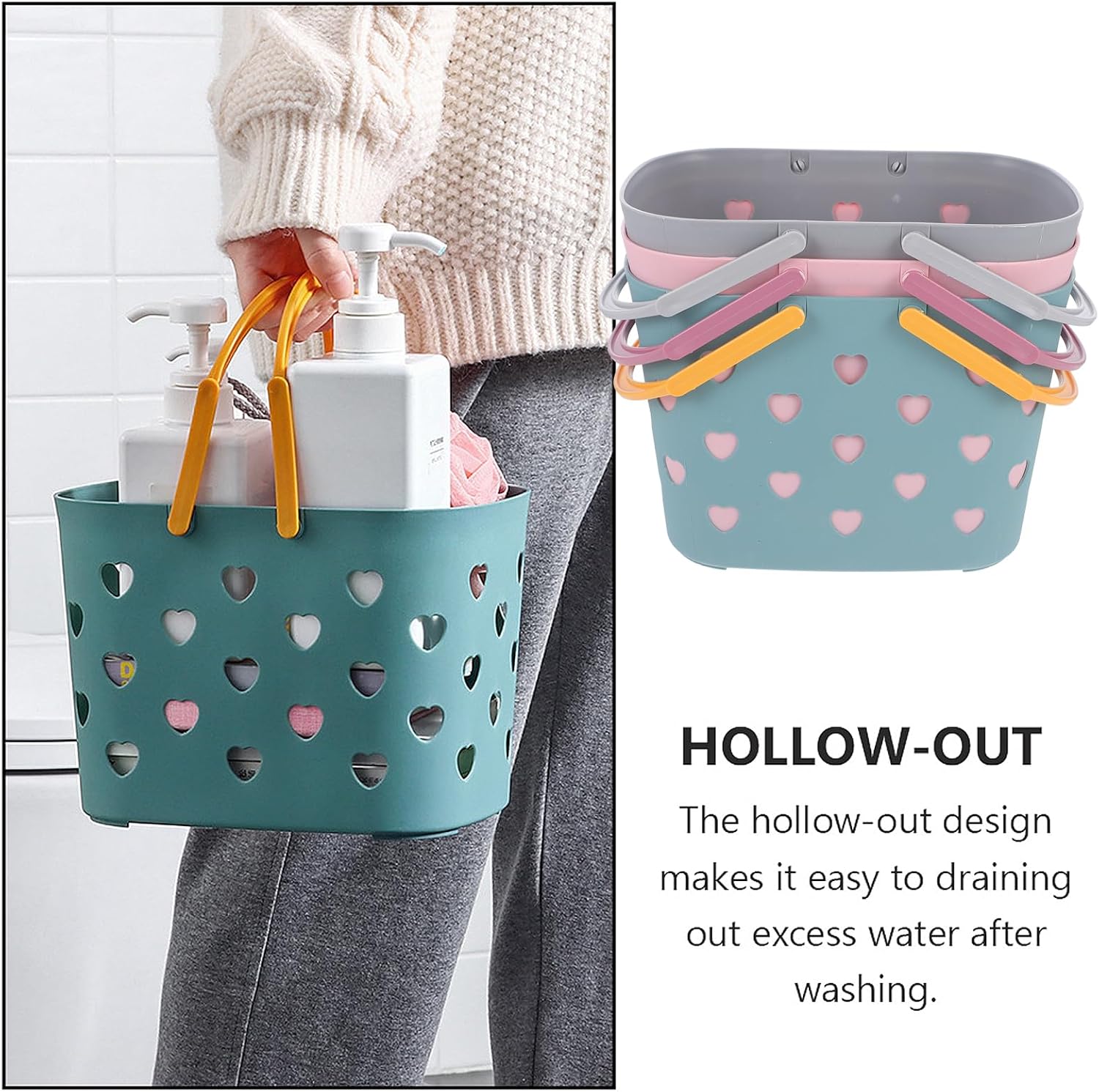 Plastic Shower Basket with Handle 3Pcs Heart Hollow Shower Tote Handheld Laundry Basket Fruit Basket with Handles (Assorted Color)