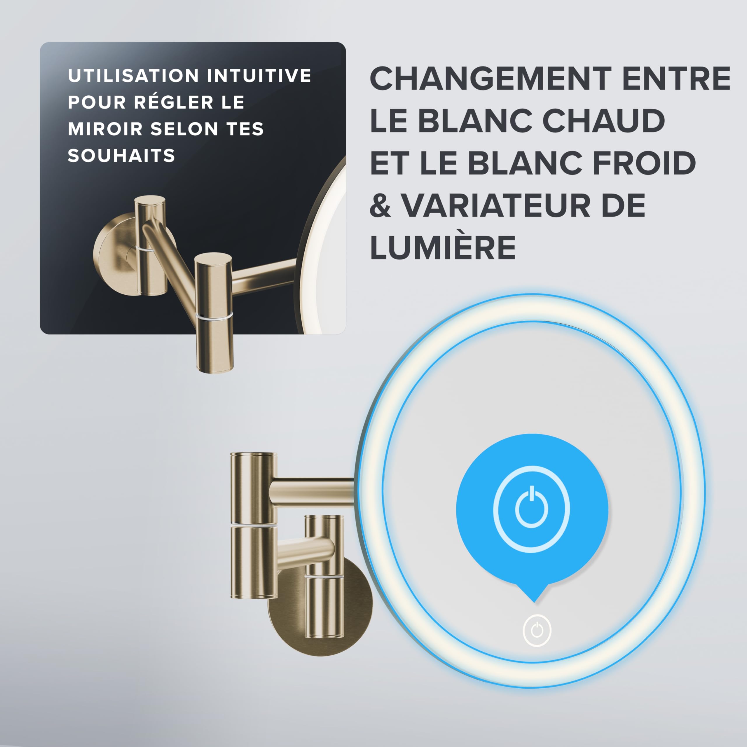 0vimar cosmétique Blavand Or | avec éclairage | Rechargeable | Montage Mural pour perçage | dans la Salle de Bain | Miroir grossissant 5X | Miroir de Maquillage | Miroir à 360 degrés