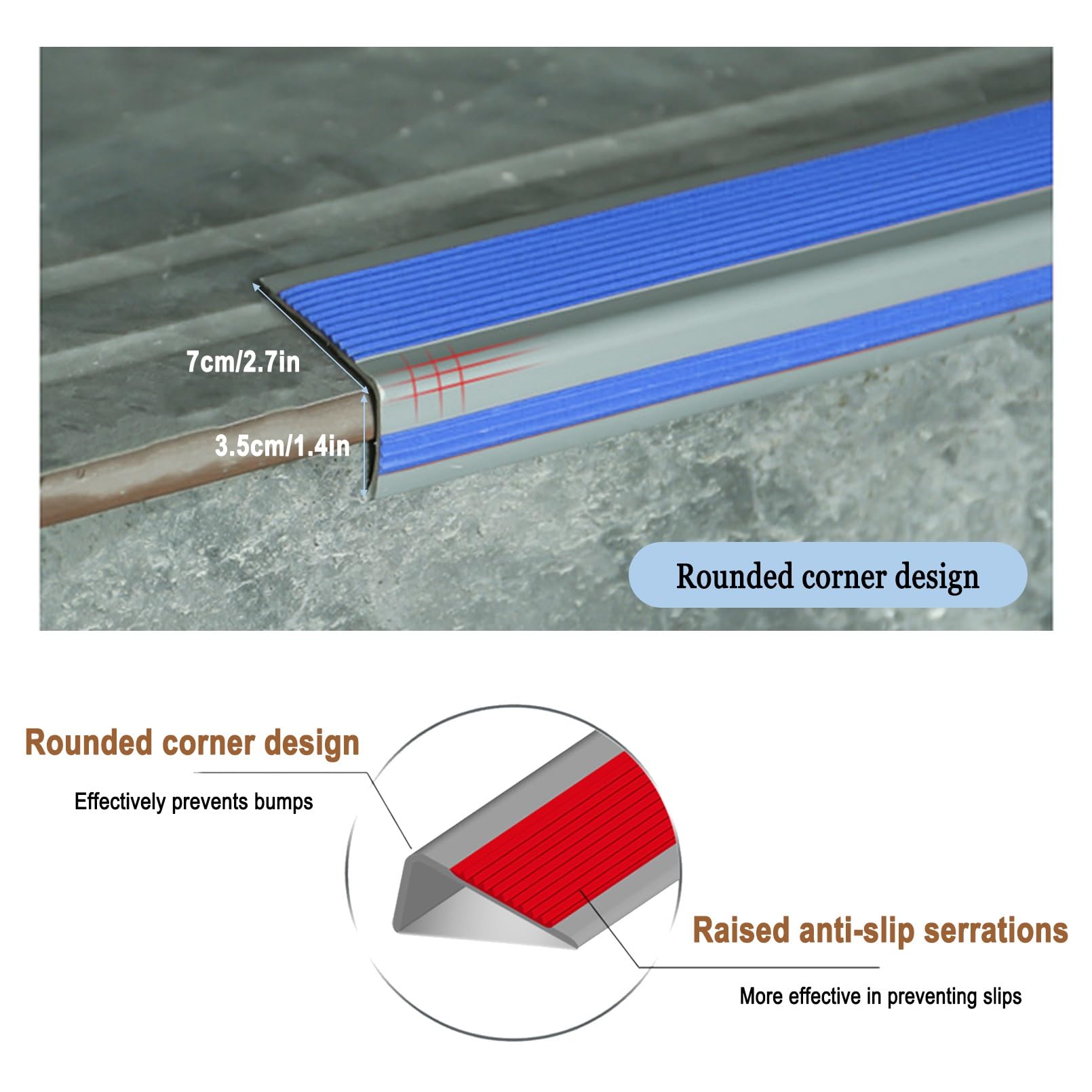 Perfil de Escalera de PláStico Autoadhesivo, Tiras Antideslizantes Para Peldaños, Para Escalones de Escaleras Y Borde de Piscina, Autoadhesivo de Borde Para Escaleras En Forma de L(Grayish blue,2.5m/9