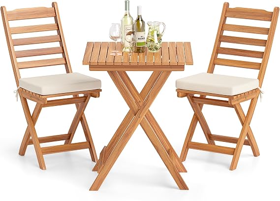 COSTWAY 3tlg. Balkonmöbel Set Bistrotisch mit 2 Stühlen klappbares Balkonset aus Akazienholz mit 2 Kissen Bistroset Gartengarnitur Gartenmöbel Sitzgruppe für Balkon Garten (Horizontal)