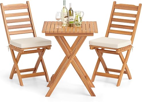 COSTWAY 3tlg. Balkonmöbel Set Bistrotisch mit 2 Stühlen klappbares Balkonset aus Akazienholz mit 2 Kissen Bistroset Gartengarnitur Gartenmöbel Sitzgruppe für Balkon Garten (Horizontal)