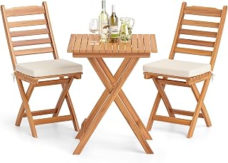 Folding Patio Bistro Set, 3 Piece Acacia Wood Table and Chairs Set with Cushions & High Back, Outdoor Dining Furniture Set for Balcony, Garden and Poolside (1, Horizontal Bar Backrest)