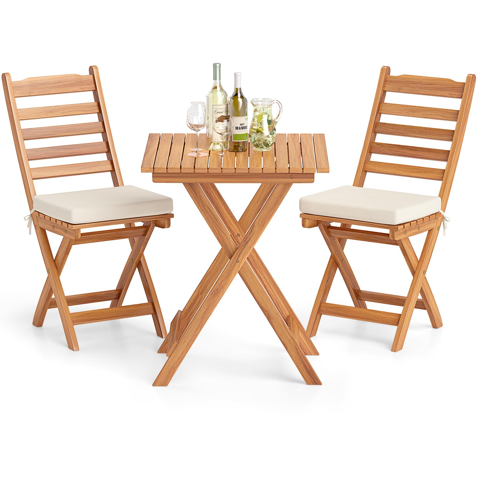 COSTWAY Bistro Set Esterno Legno Acacia Tavolo 2 Sedie Pieghevoli con Cuscini