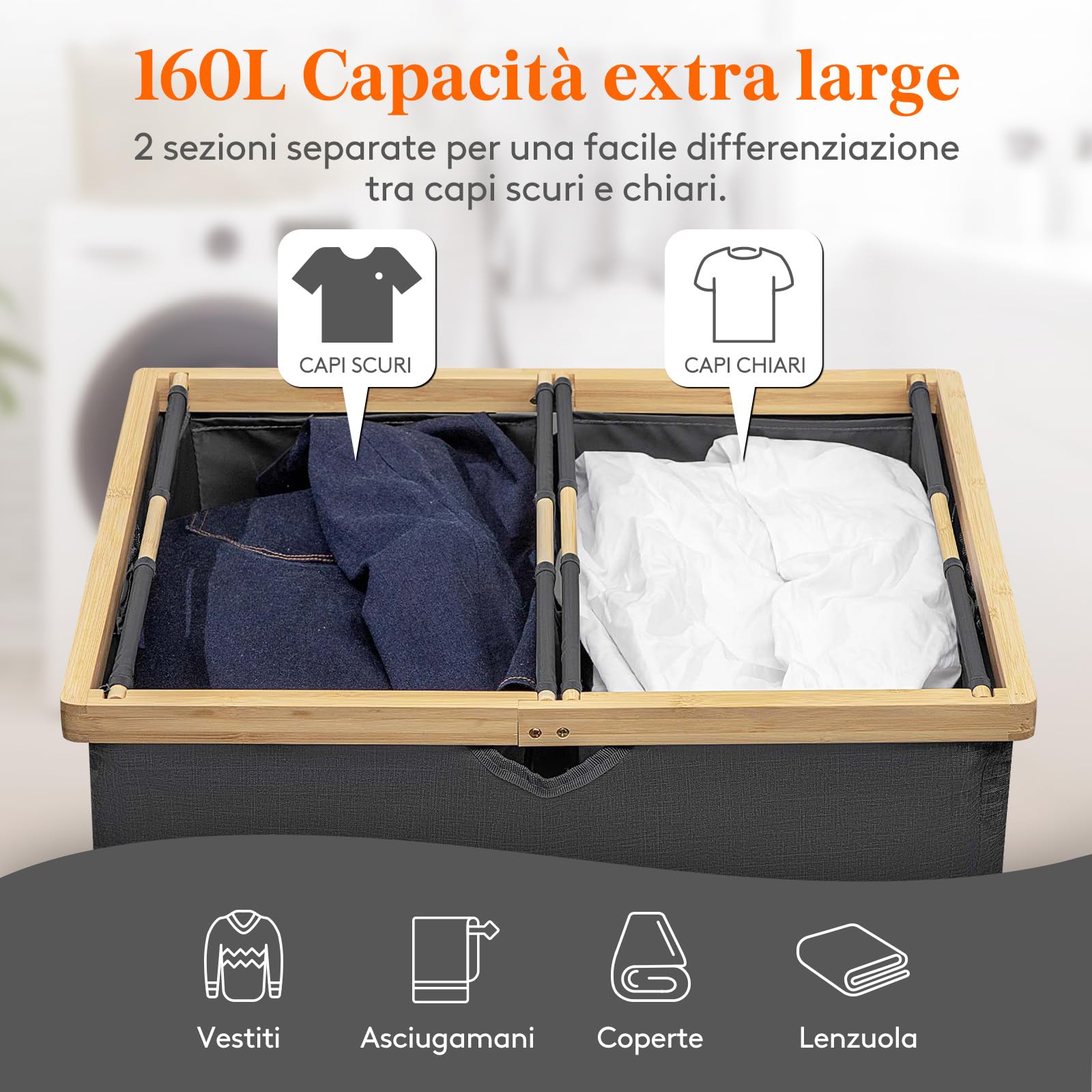 Cesta Portabiancheria Lifewit 160L Doppia - Con Sacchi Rimovibili E Coperchio | Grigio Per Bucato