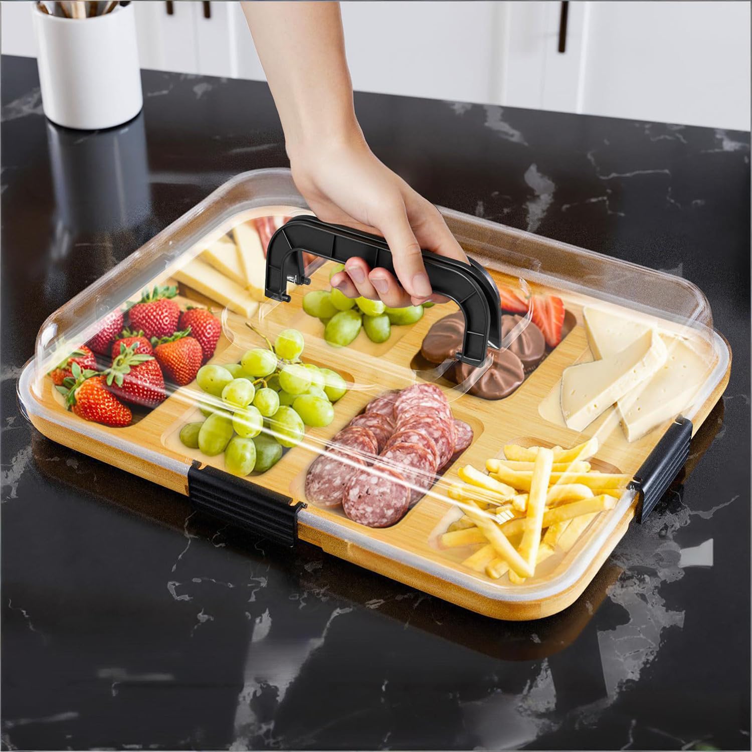Planche à fromages en bois avec couvercle transparent, plateau de service pour fruits, collations, viande, dessert, assiette à charcuterie, planche à fromages avec compartiments, poignée pour fête
