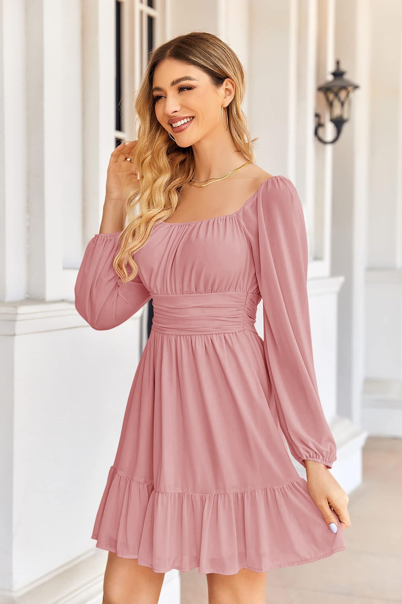 Imily Bela Robe de soirée pour femme - Col carré - Mini robe en maille - Taille haute - Plissée - Manches longues - Invité de mariage - Avec volants
