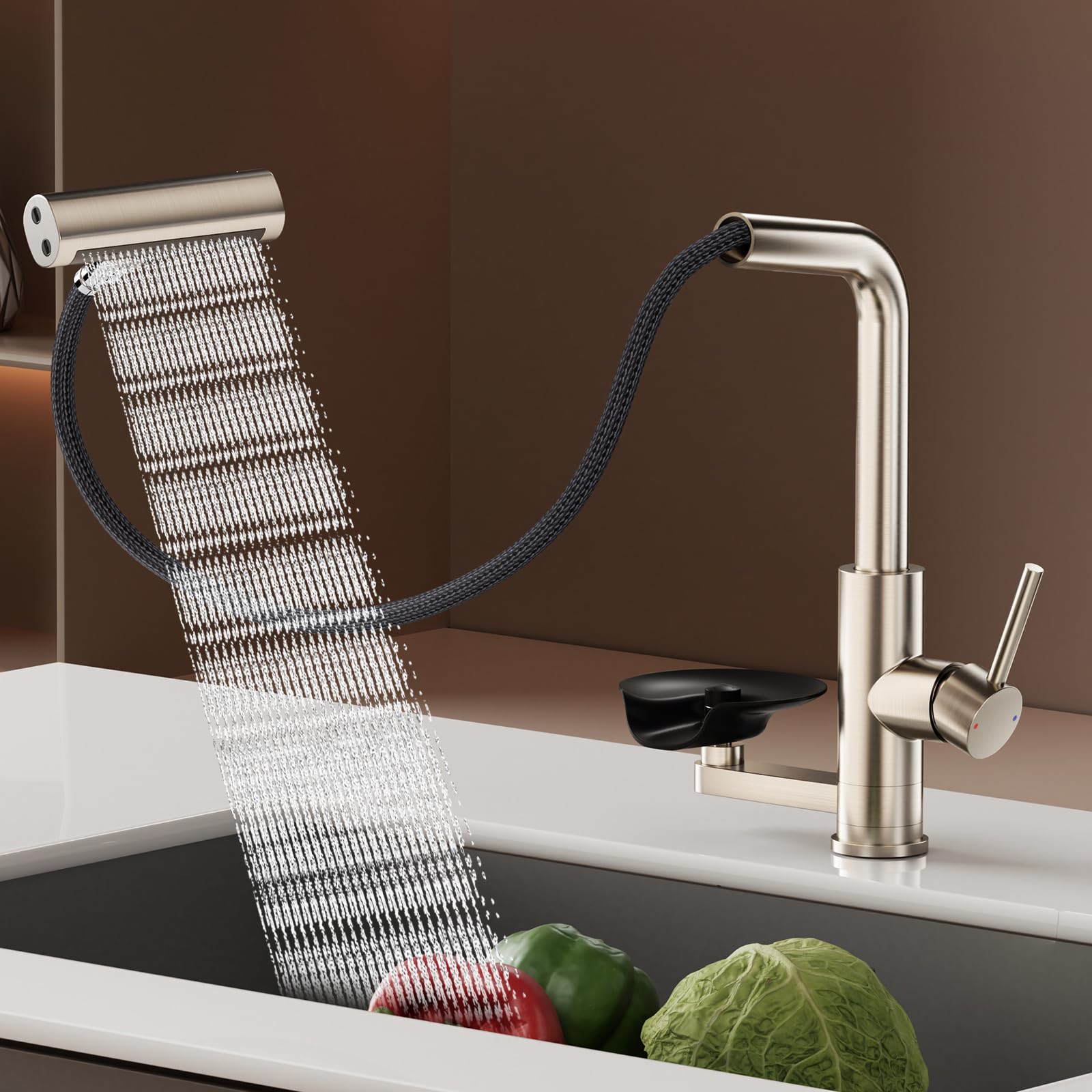 SINGSUO Waterfall Kitchen Mixer Tap 1 Hole with Pull Out Spray&Glass Rinser