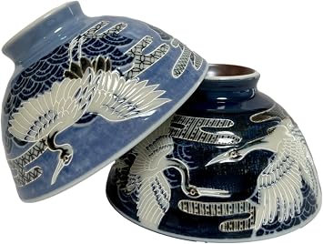 Japanese Mino Ware Ceramic Rice Bowl Set, Cranes Pattern, 4.9 Inches Diameter x H2.6 Inches, 13.5 Fluid Ounces Blue and Navy, Set of 2 from JapanCranes BL NVY