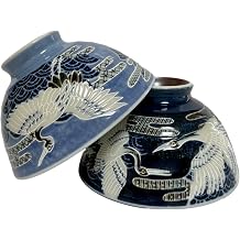 Japanese Mino Ware Ceramic Rice Bowl Set, Cranes Pattern, 4.9 Inches Diameter x H2.6 Inches, 13.5 Fluid Ounces Blue and Navy, Set of 2 from JapanCranes BL NVY