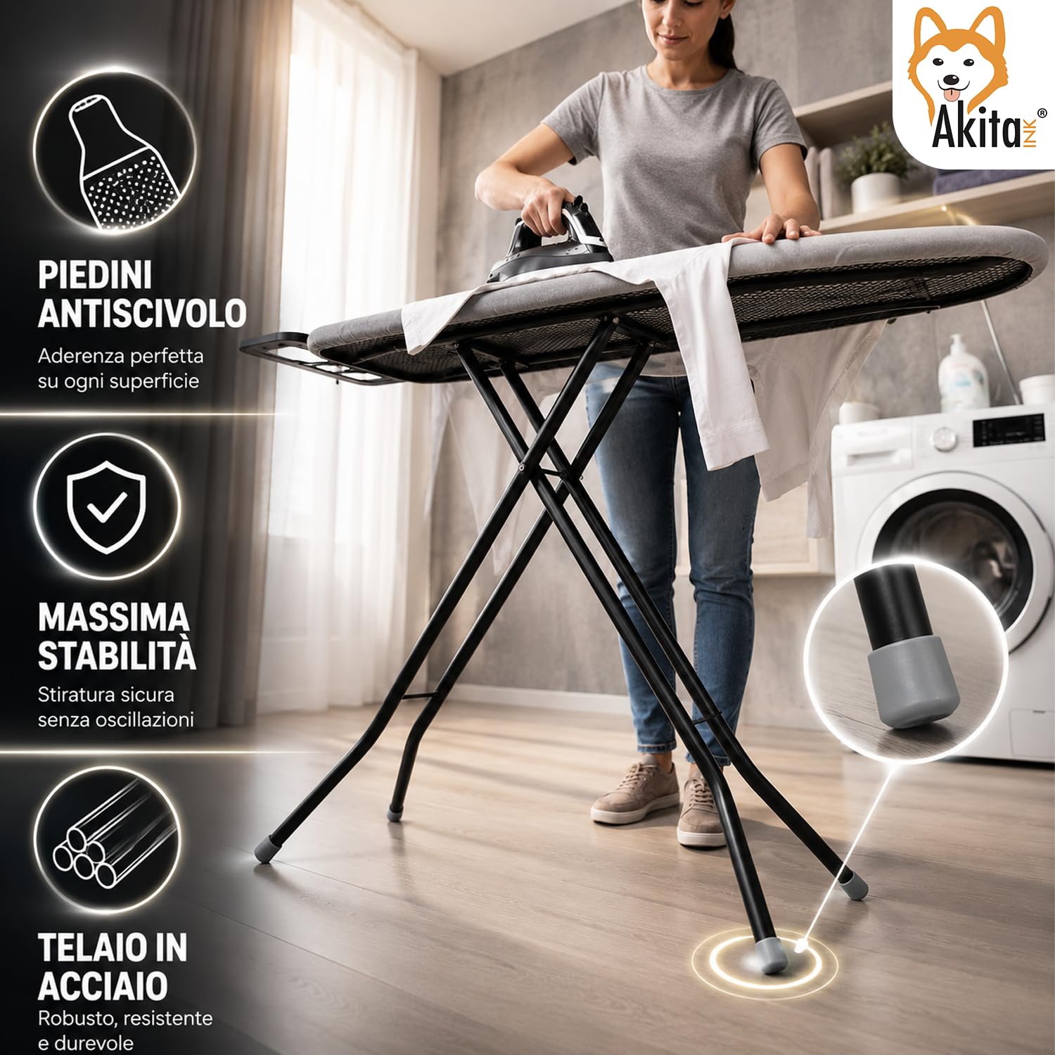 AKITAInk Asse da Stiro BRAVA 33x110 cm in Acciaio, Asse Pieghevole Regolabile con Poggiaferro, Piedi Antiscivolo e Rivestimento 100% Cotone