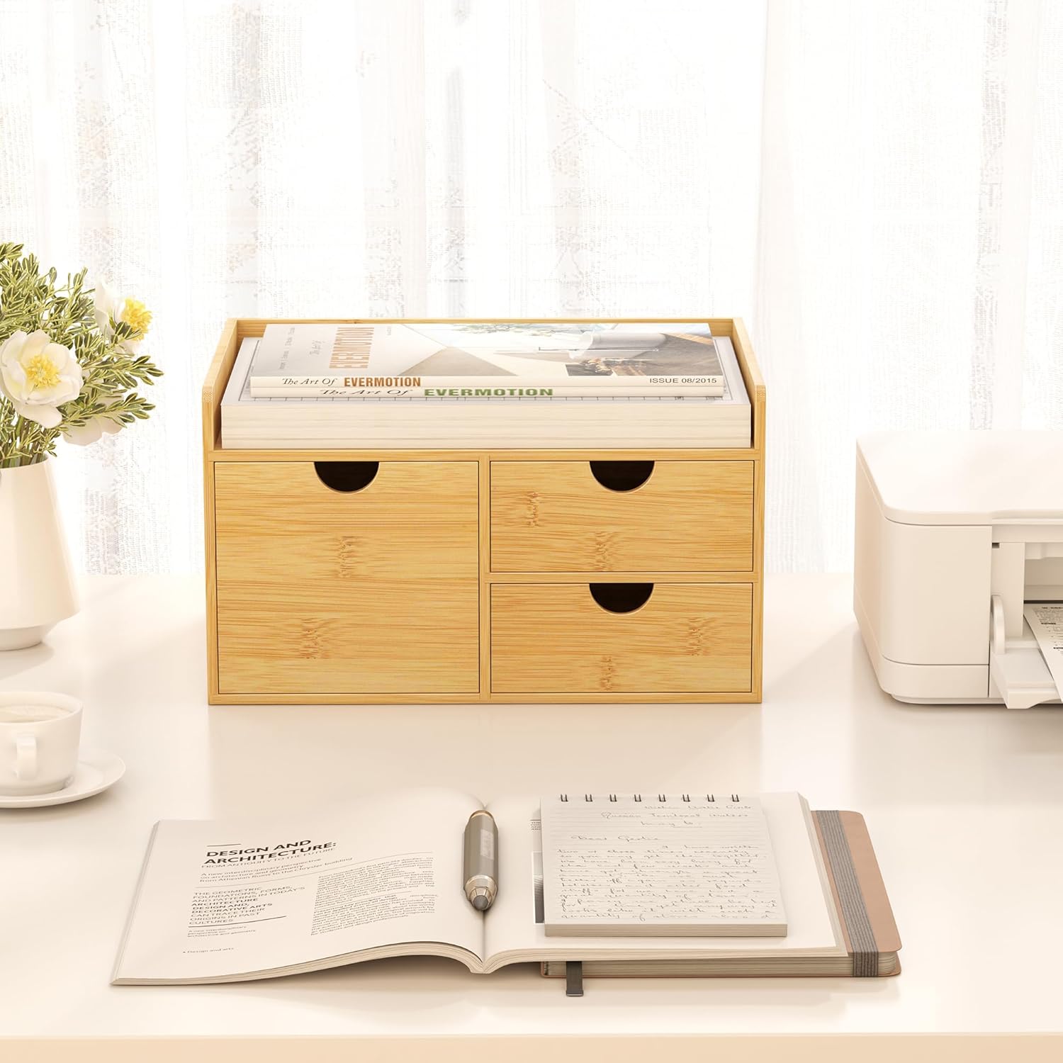 Desk Organizer with Drawers - Bamboo Desktop Organizer Storage | Wood Desk Drawers Organizer for Bills, Office Supplies, Cosmetics, Seals No Assembly Required (3 Drawer with Big Drawer)