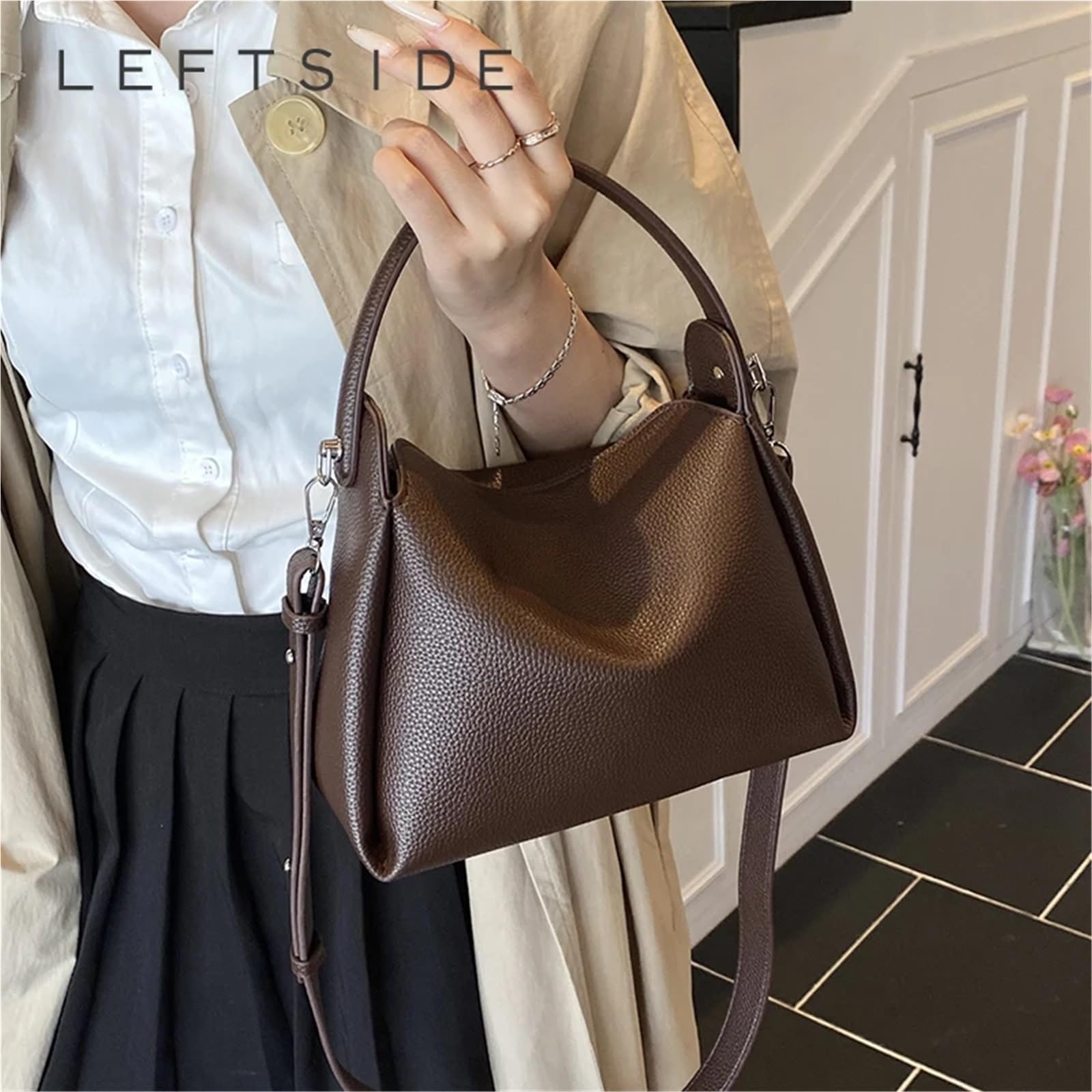 Piccola borsa a secchiello in pelle PU for donna, borse a tracolla con manico corto, borse a mano e borsette da donna