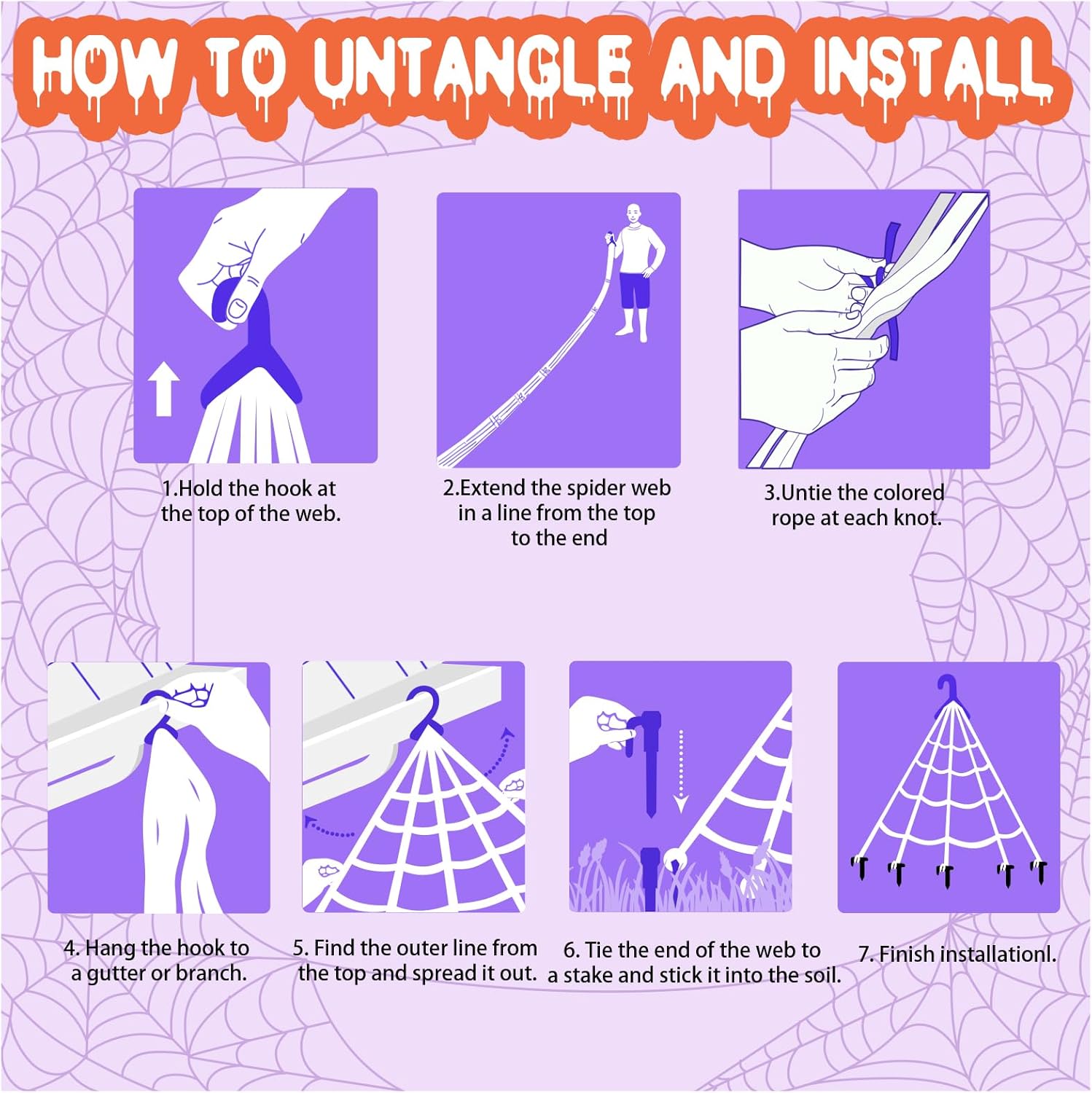 Spider Web Lights Halloween Decoration Outdoor - 250 Purple & Orange LED, 8 Lighting Modes, 16FT Giant Spider Web for Yard, Outside